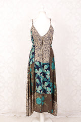 Jamie Dress - Indian Sari Slip Dress - Sand & Navy Floral - Size L/XL