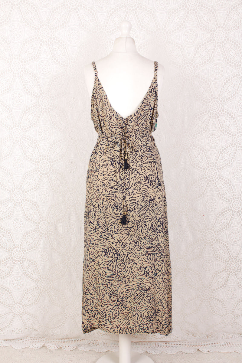 Jamie Dress - Indian Sari Slip Dress - Sand & Navy Floral - Size L/XL