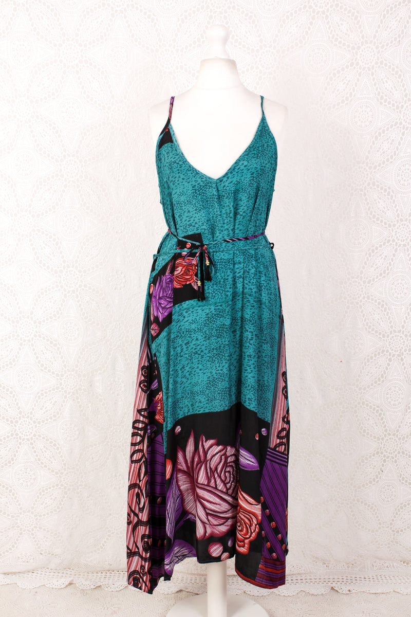 Jamie Dress - Indian Sari Slip Dress - Teal, Onyx & Purple Bold Floral - Size M/L