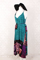 Jamie Dress - Indian Sari Slip Dress - Teal, Onyx & Purple Bold Floral - Size M/L