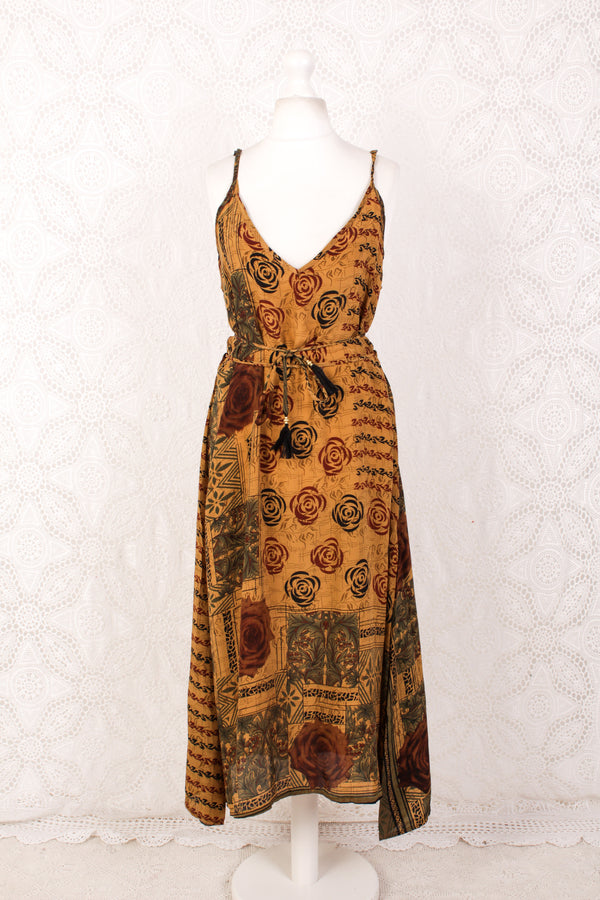Jamie Dress - Indian Sari Slip Dress - Fawn, Sage & Bronze Floral Tiles - Size M/L
