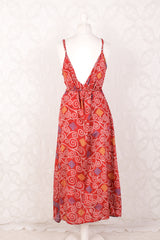 Jamie Dress - Indian Sari Slip Dress - Strawberry Red & White Swirls - Size S/M