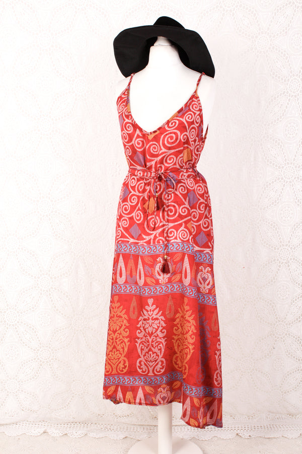 Jamie Dress - Indian Sari Slip Dress - Strawberry Red & White Swirls - Size S/M