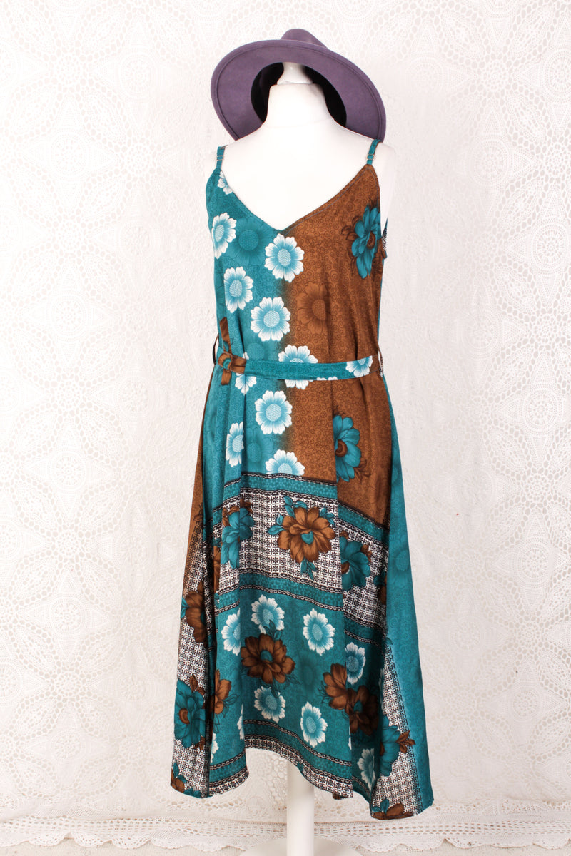 Jamie Dress - Indian Sari Slip Dress - Teal & Cocoa Powder Bold Floral - Size M/L
