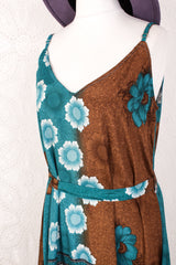 Jamie Dress - Indian Sari Slip Dress - Teal & Cocoa Powder Bold Floral - Size M/L