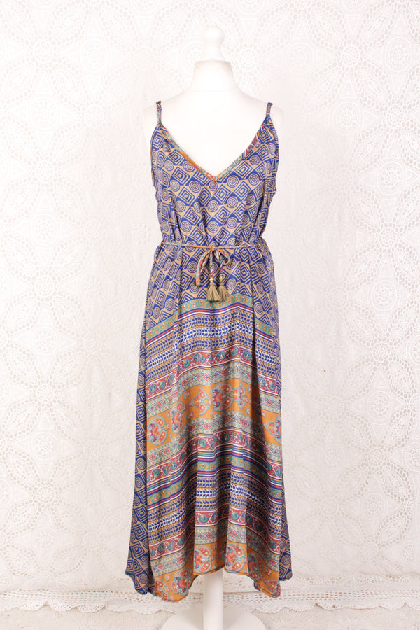 Jamie Dress - Indian Sari Slip Dress - Azure & Soft Gold Graphic Block Print - Size S/M