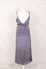 Jamie Dress - Indian Sari Slip Dress - Azure & Soft Gold Graphic Block Print - Size S/M