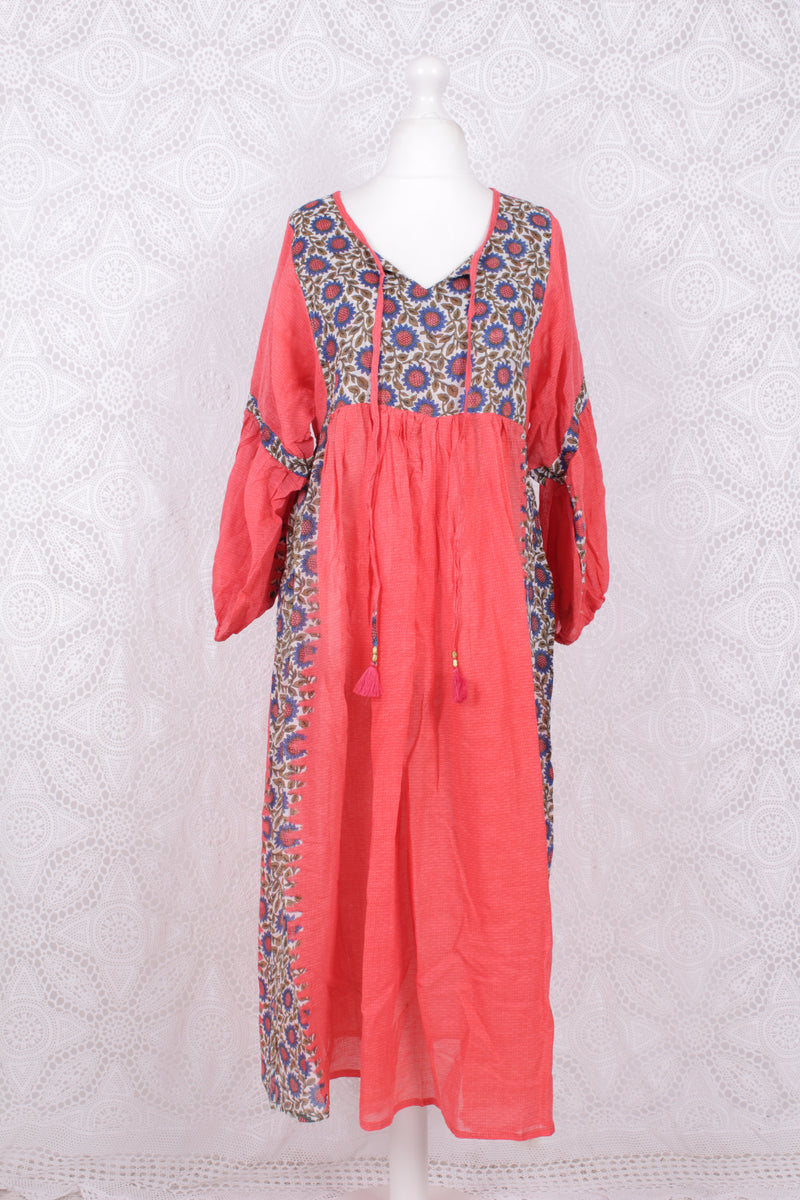 Daisy Midi Smock Dress - Vintage Indian Cotton - Rose Red & Azure Sunflowers - S/M