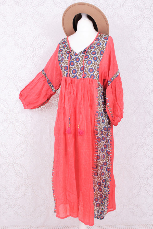 Daisy Midi Smock Dress - Vintage Indian Cotton - Rose Red & Azure Sunflowers - S/M