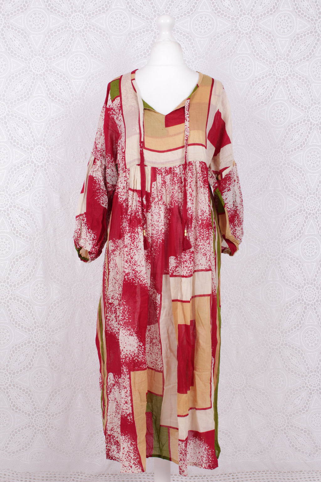 Daisy Midi Smock Dress - Vintage Indian Cotton - Cream, Red & Green Abstract - M/L