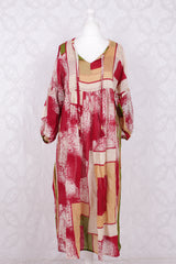 Daisy Midi Smock Dress - Vintage Indian Cotton - Cream, Red & Green Abstract - M/L