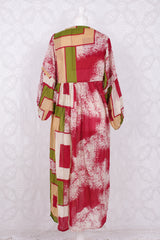 Daisy Midi Smock Dress - Vintage Indian Cotton - Cream, Red & Green Abstract - M/L