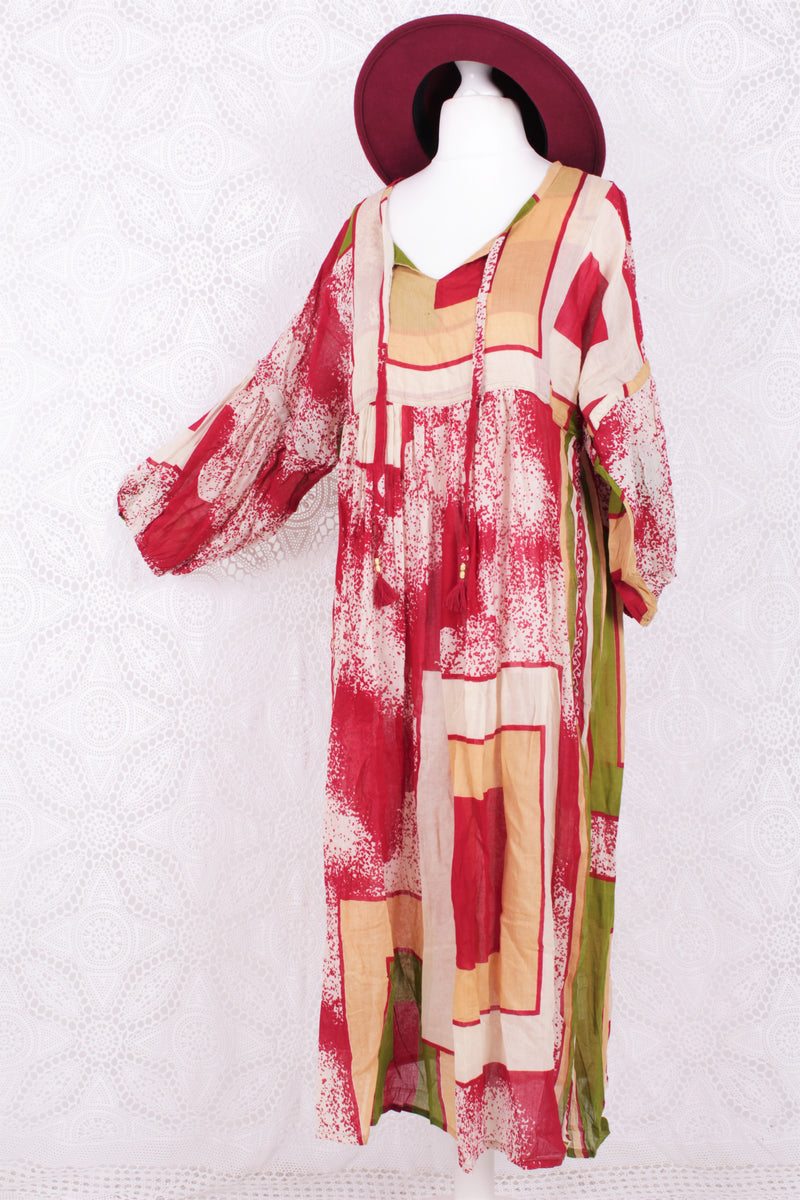 Daisy Midi Smock Dress - Vintage Indian Cotton - Cream, Red & Green Abstract - M/L