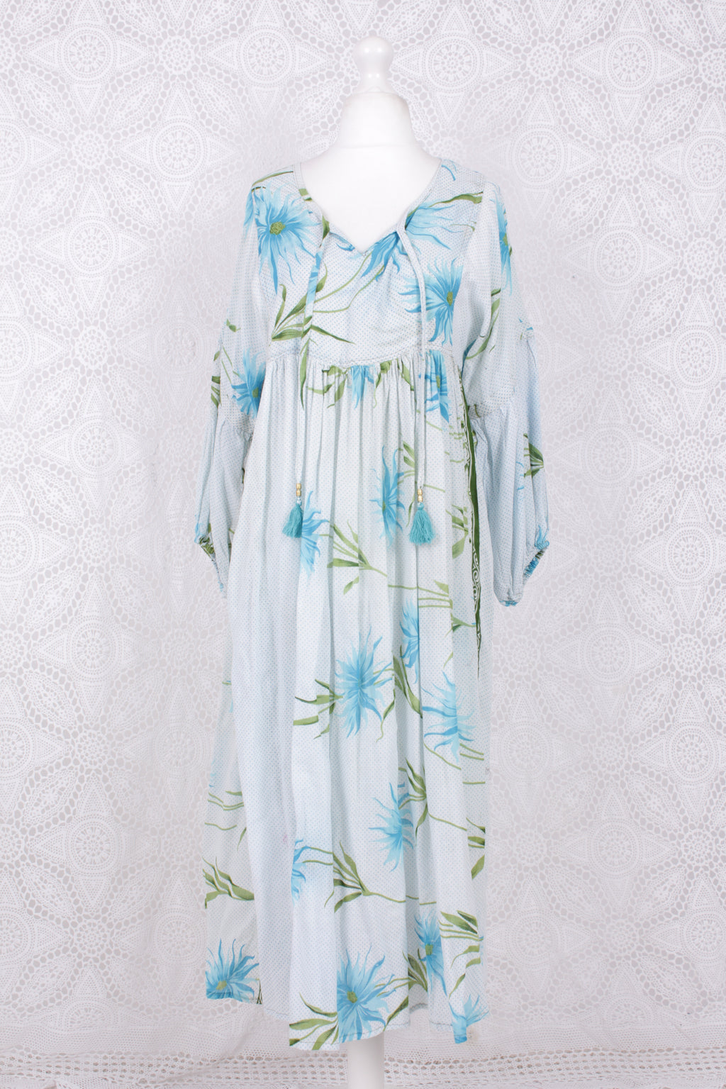 Daisy Midi Smock Dress - Vintage Indian Cotton - Icy Blue & Turquoise Floral - S/M