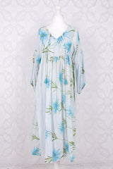 Daisy Midi Smock Dress - Vintage Indian Cotton - Icy Blue & Turquoise Floral - S/M