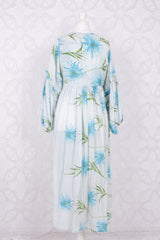 Daisy Midi Smock Dress - Vintage Indian Cotton - Icy Blue & Turquoise Floral - S/M