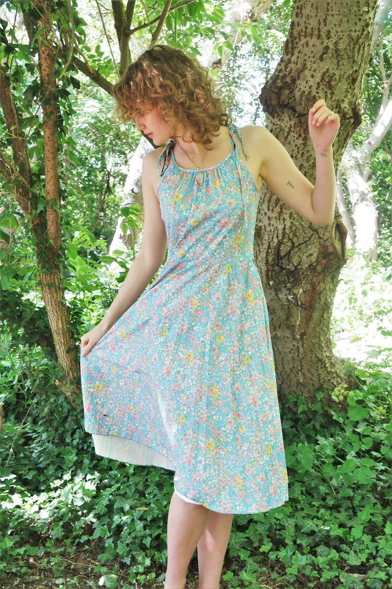 70s Vintage Dress - Floral Strappy Pleated Tea Dress - S