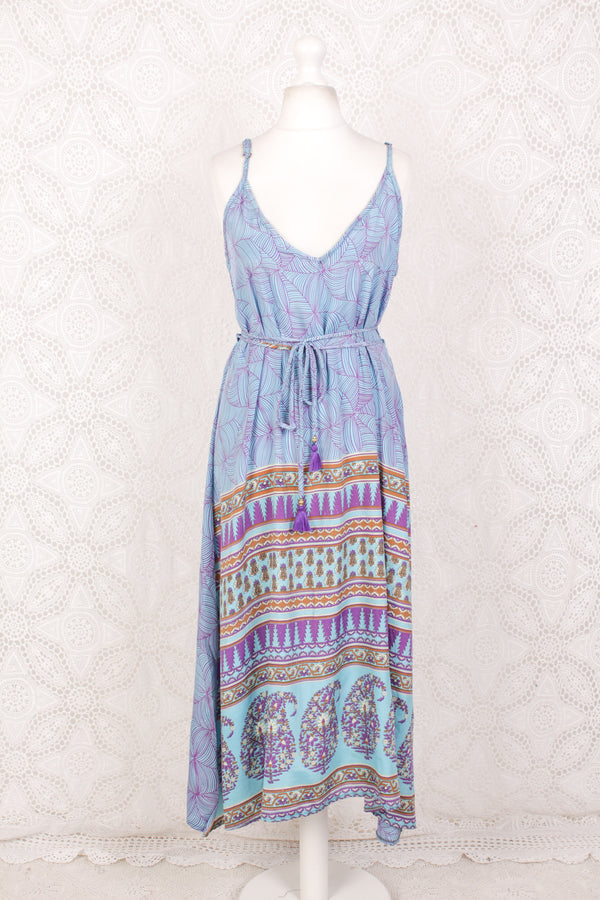 Jamie Dress - Indian Sari Slip Dress - Sky Blue & Sweet Violet Sparkle - Size S/M