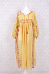 Daisy Midi Smock Dress - Vintage Indian Cotton - Sunshine & Tan Geometric - XXS