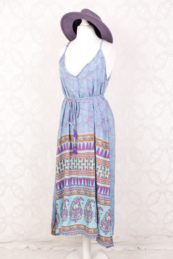 Jamie Dress - Indian Sari Slip Dress - Sky Blue & Sweet Violet Sparkle - Size S/M