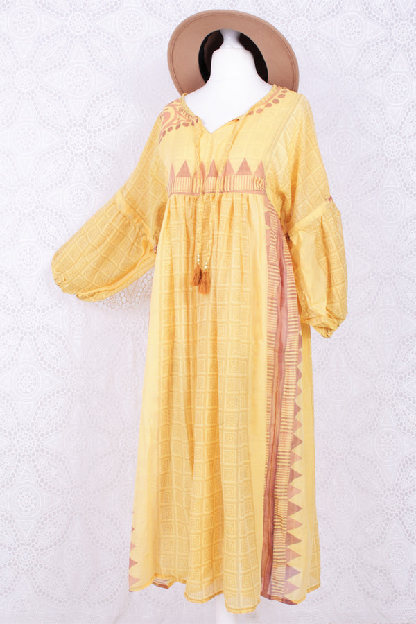 Daisy Midi Smock Dress - Vintage Indian Cotton - Sunshine & Tan Geometric - XXS