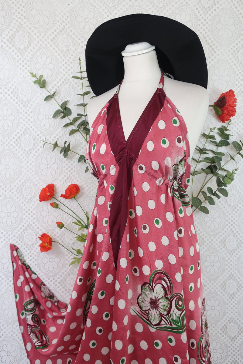 Medusa Halter Dress - Vintage Indian Sari - Rouge Blush & Aubergine Floral (Free Size)