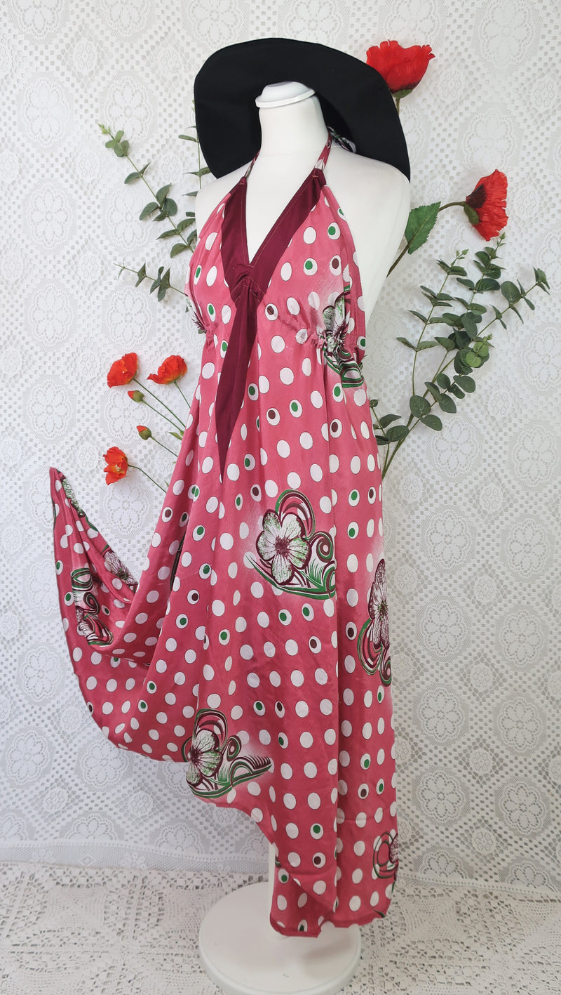 Medusa Halter Dress - Vintage Indian Sari - Rouge Blush & Aubergine Floral (Free Size)