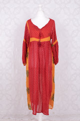 Daisy Midi Smock Dress - Vintage Indian Cotton - Candy Red & Orange - XS