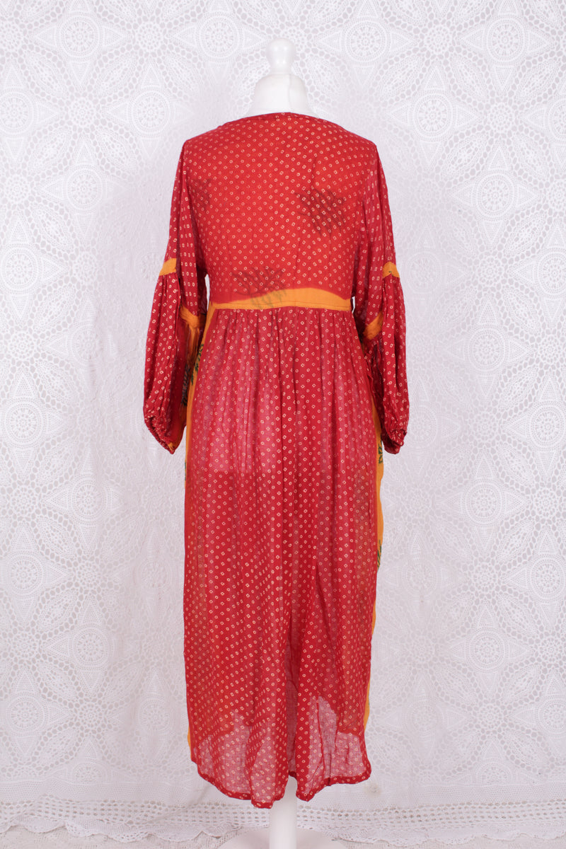 Daisy Midi Smock Dress - Vintage Indian Cotton - Candy Red & Orange - XS