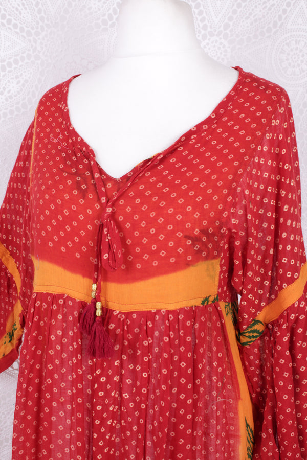 Daisy Midi Smock Dress - Vintage Indian Cotton - Candy Red & Orange - XS