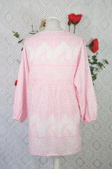 SALE Indian Peacock Paisley Smock Top - Ivory & Pastel Pink Cotton - Size S/M