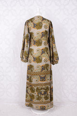 SALE Lola Long Wrap Dress - Vintage Indian Sari - Olive Amber & Jet Floral - Size S/M