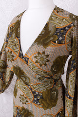 SALE Lola Long Wrap Dress - Vintage Indian Sari - Olive Amber & Jet Floral - Size S/M