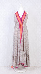 Blossom Halter-Neck Maxi Dress - Cream, Peach & Pink Sari (Free Size)