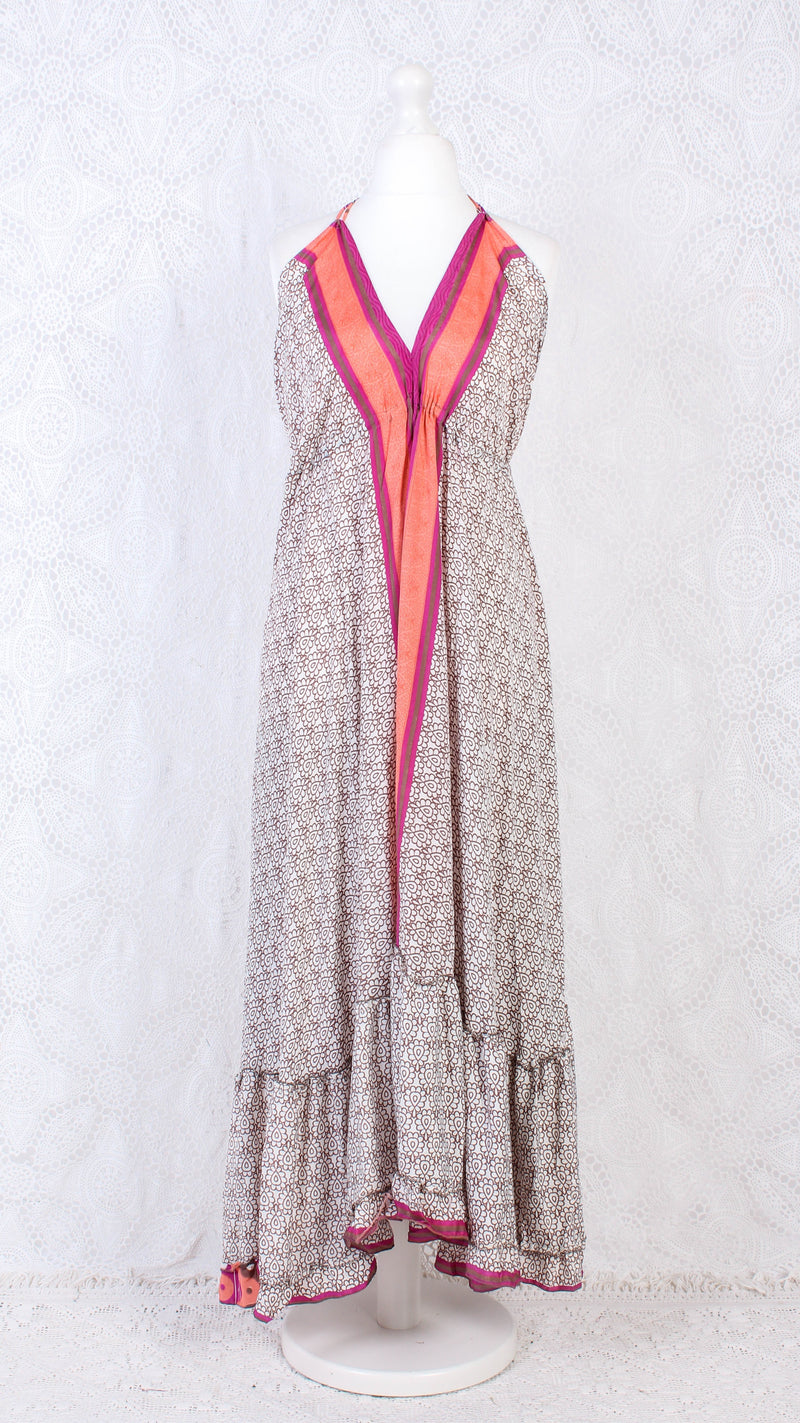 Blossom Halter-Neck Maxi Dress - Cream, Peach & Pink Sari (Free Size)