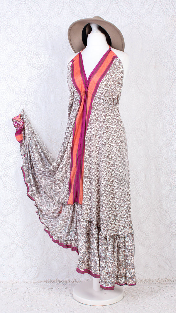 Blossom Halter-Neck Maxi Dress - Cream, Peach & Pink Sari (Free Size)