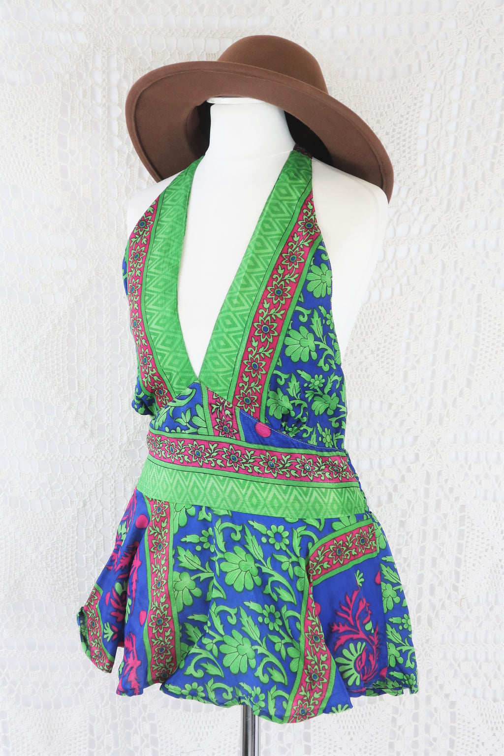 Sydney Halter Top - Apple & Raspberry Vintage Indian Sari - XS - S/M