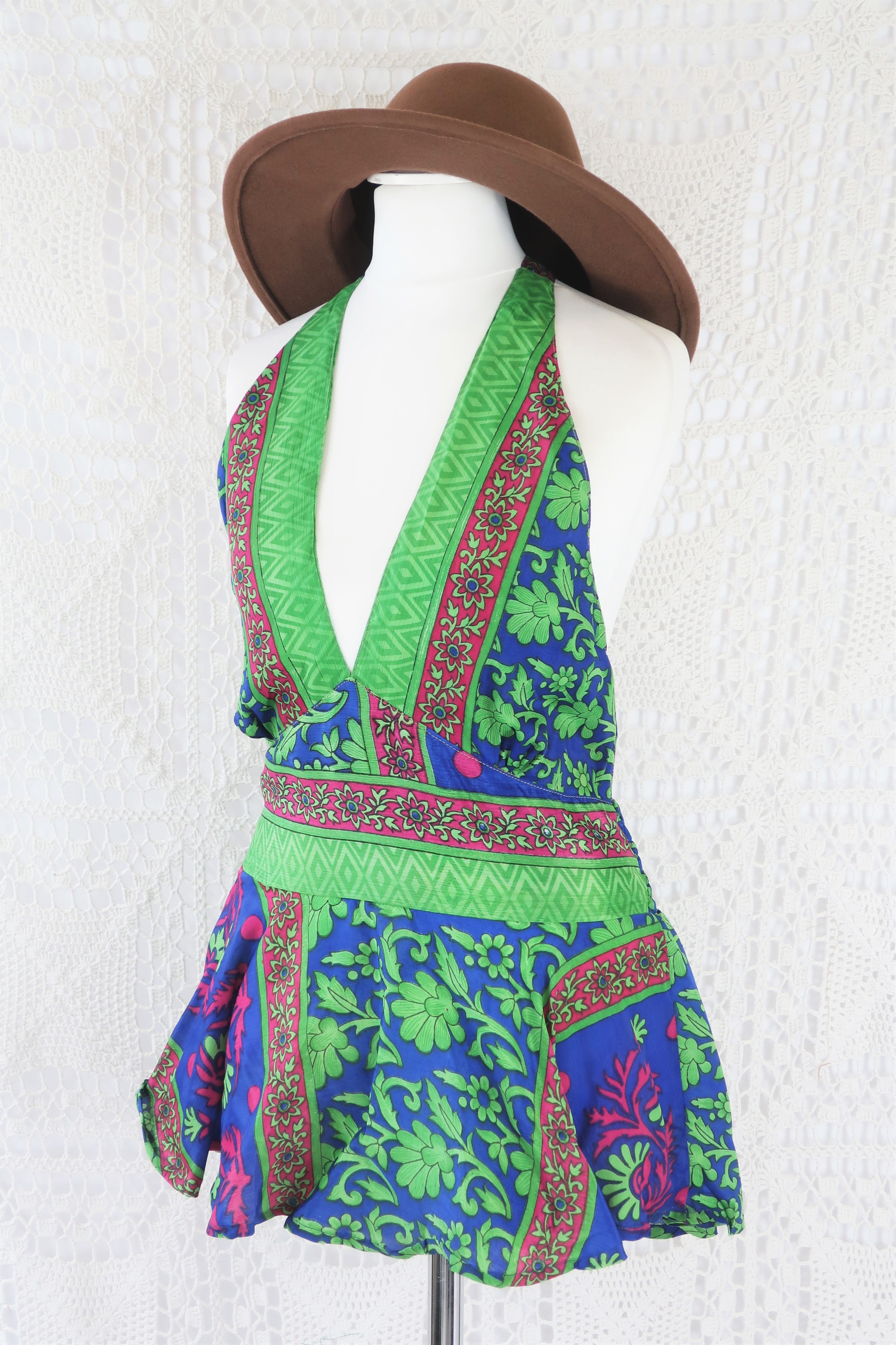 Sydney Halter Top - Apple & Raspberry Vintage Indian Sari - XS - S/M