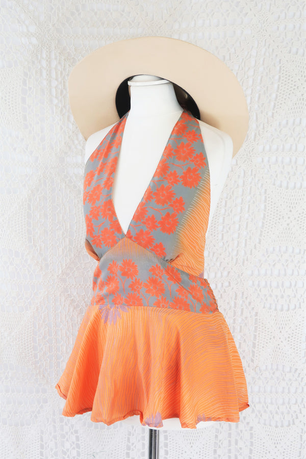 Sydney Halter Top - Orange Floral Vintage Indian Sari - XS - M