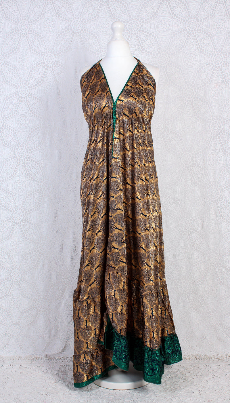 Blossom Halter-Neck Maxi Dress - Gold, Navy & Dark Green Trees Sari (Free Size)