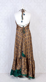 Blossom Halter-Neck Maxi Dress - Gold, Navy & Dark Green Trees Sari (Free Size)