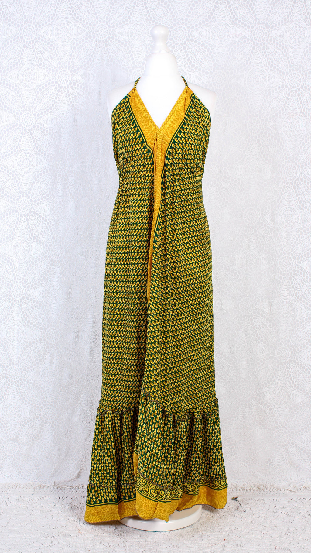 Blossom Halter-Neck Maxi Dress - Yellow & Dark Green Floral Sari (Free Size)