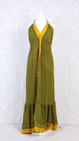 Blossom Halter-Neck Maxi Dress - Yellow & Dark Green Floral Sari (Free Size)