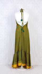 Blossom Halter-Neck Maxi Dress - Yellow & Dark Green Floral Sari (Free Size)