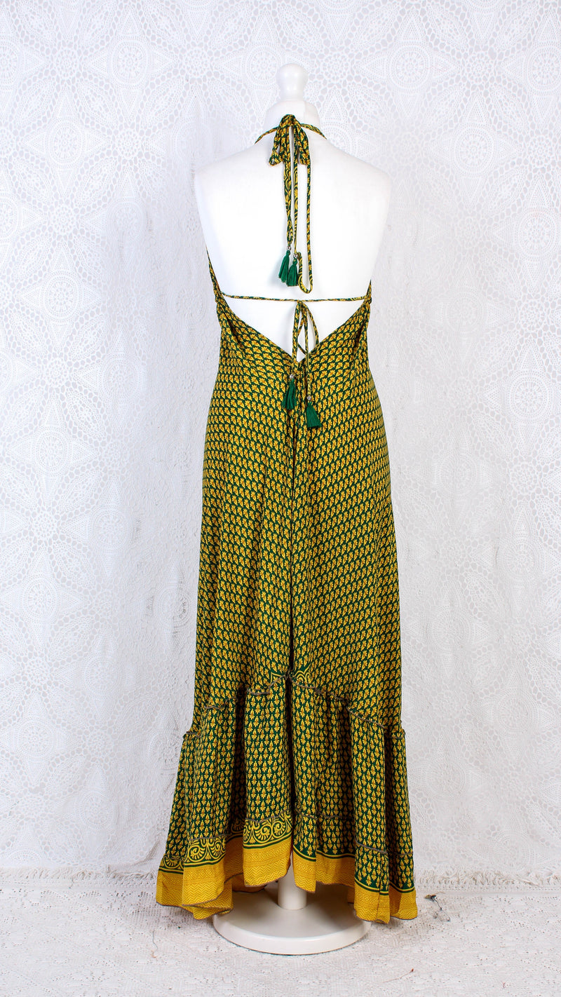 Blossom Halter-Neck Maxi Dress - Yellow & Dark Green Floral Sari (Free Size)