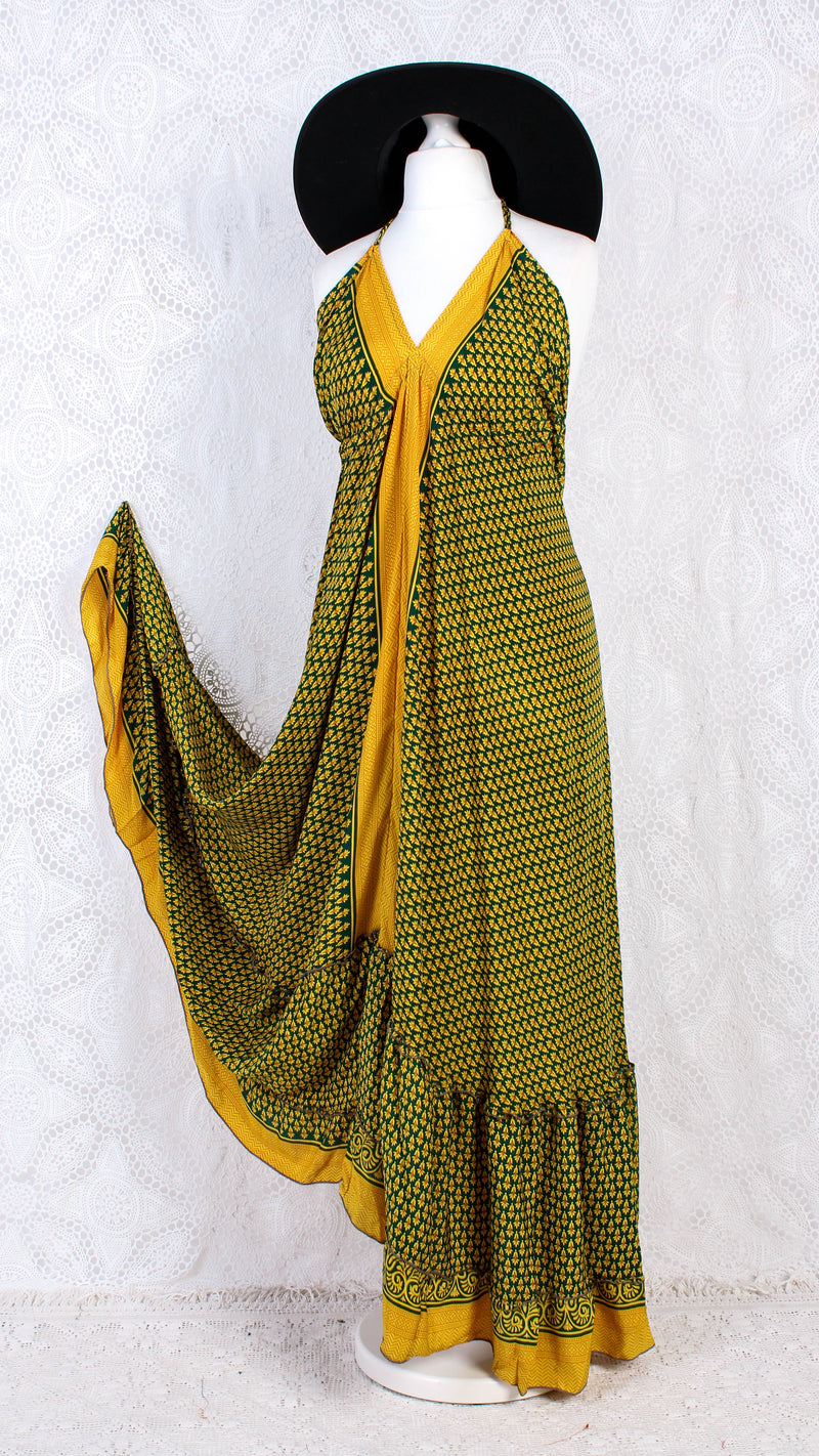 Blossom Halter-Neck Maxi Dress - Yellow & Dark Green Floral Sari (Free Size)