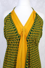Blossom Halter-Neck Maxi Dress - Yellow & Dark Green Floral Sari (Free Size)