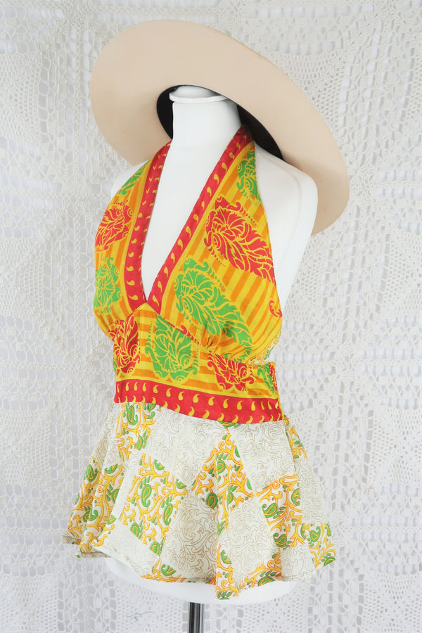 Sydney Halter Top - Ivory & Yellow Vintage Indian Sari - XS - S