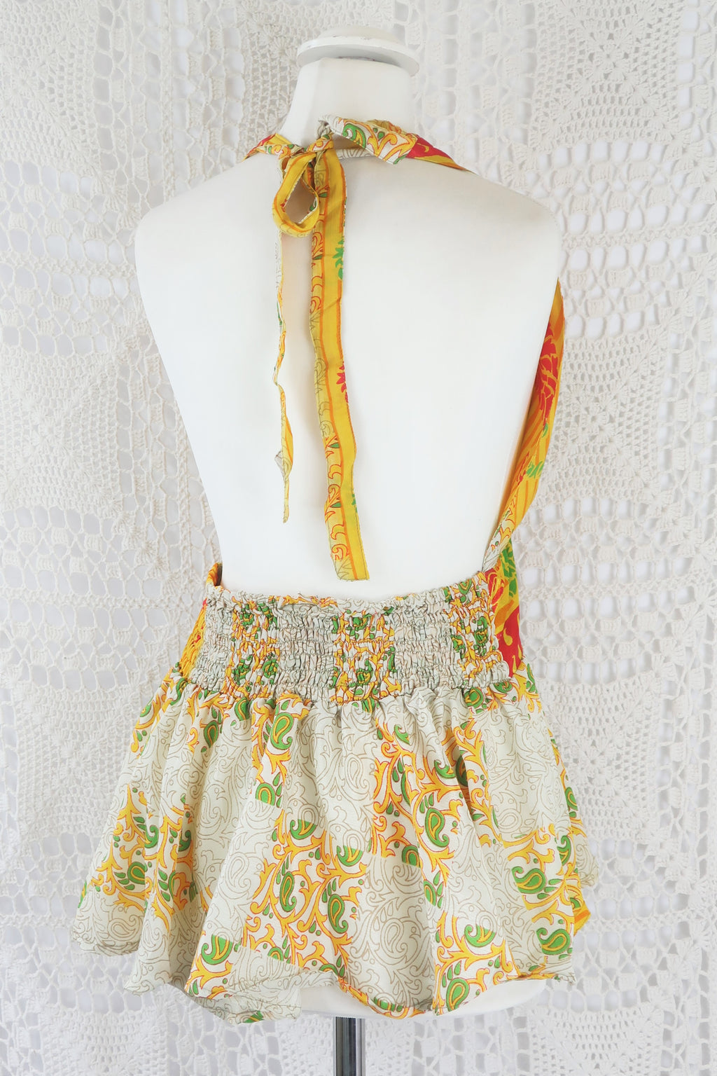 Sydney Halter Top - Ivory & Yellow Vintage Indian Sari - XS - S