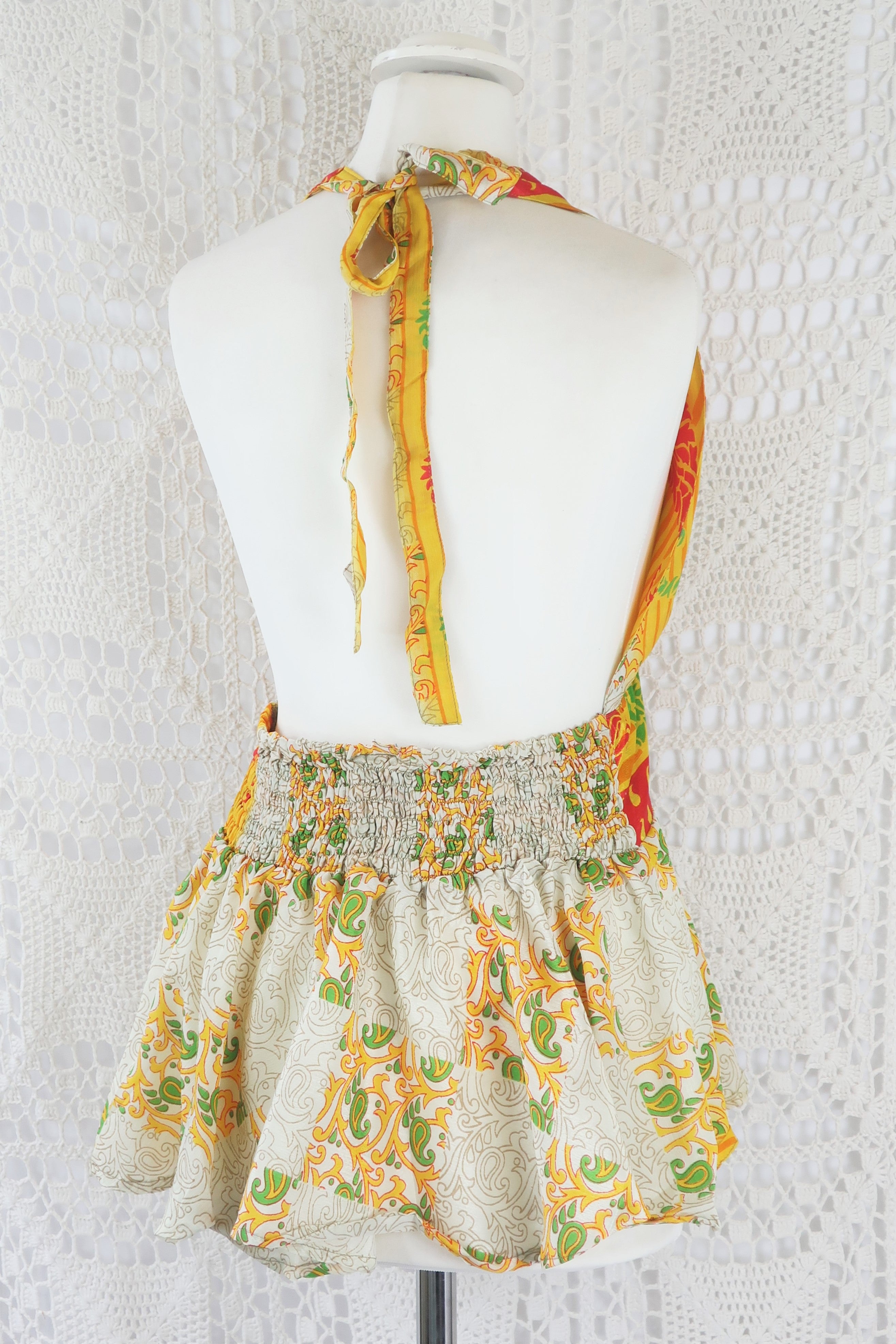 Sydney Halter Top - Ivory & Yellow Vintage Indian Sari - XS - S